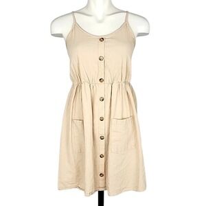 Zaful Women's Tan Smocked Cami Pocket Mock Button Mini Dress 8
